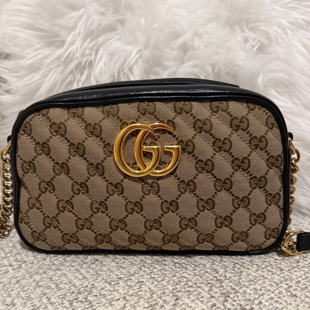 Gucci Tan and Black Crossbody Bag with Gold Details